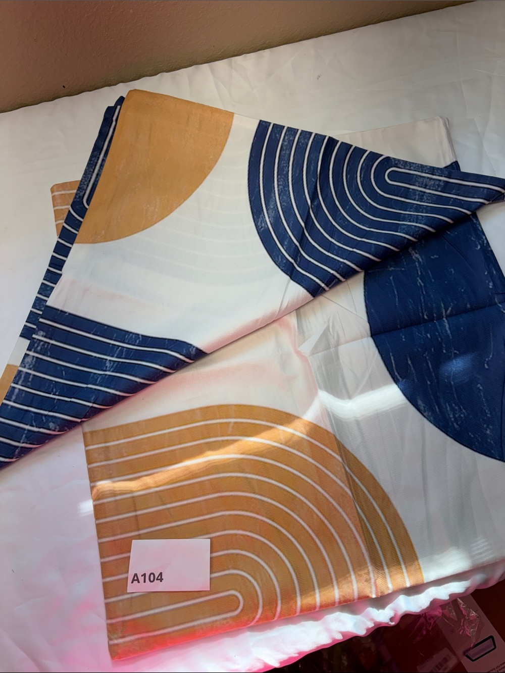 Geometric Circle Print Bedding Panel in Navy and Mustard